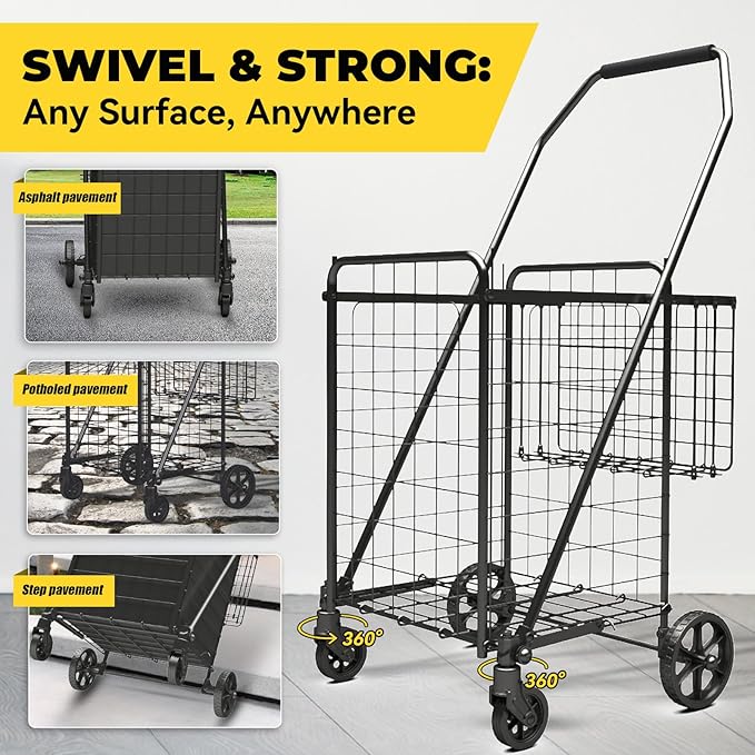 3.7 Cu Ft Folding Shopping Cart - 380 LB Capacity Grocery Cart with 360° Braked Swivel Wheels - Heavy Duty Utility Cart with Double Basket & Removable Waterproof Liner with Lid for Laundry