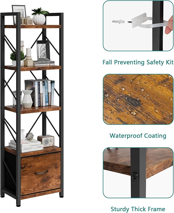 Vongrasig 5 Tier Bookshelf with Drawer, Industrial Tall Narrow Bookcase, Display Shelf Modern Wood and Metal Bookshelves, Free Standing Storage Organizer for Office, Living Room