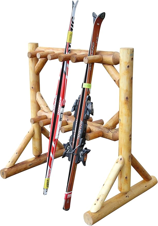 11-Place Freestanding Log Ski Rack Holder, Indoor & Outdoor Snowboard Racks, Standing Storage, Garage Racks for Snow Skis, Durable Snowboard Rack Garage Storage Organizer - Natural