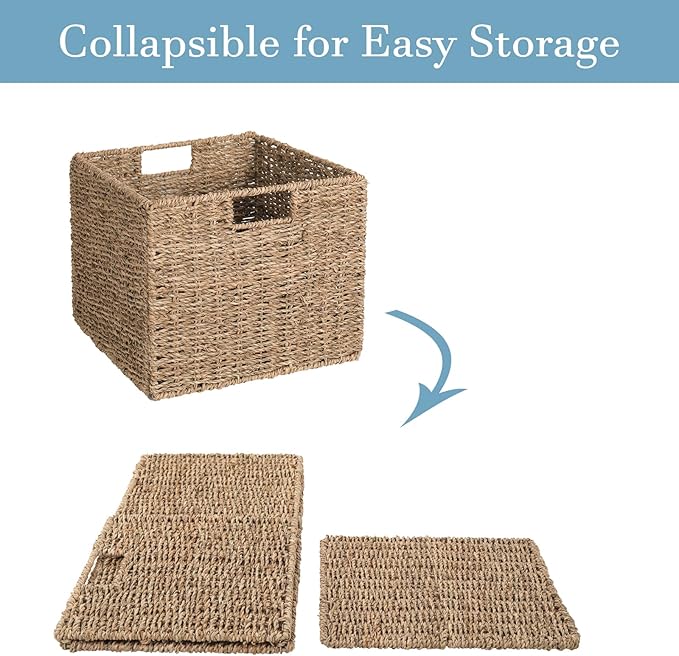 Seagrass Storage Baskets, 12X12X10in Cube Wicker Storage Basket for Shelves, Pantry Baskets Organization and Storage, Kitchen Storage Baskets, Bathroom Shelves Storage Basket Set of 3