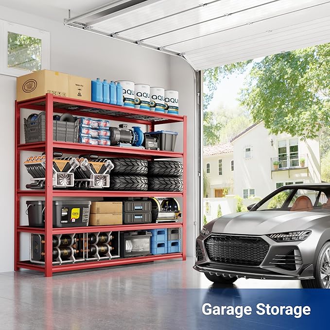 FLEXIMOUNTS 2 Pack 60" W Garage Shelving, 5 Tier Storage Shelves Load 1500LBS, Adjustable Garage Shelving Heavy Duty, Metal Shelves Unit for Basement, Warehouse, 60" W x 72" H x 24" D, Red
