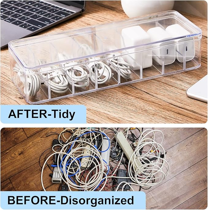 Tatuo 2 Pcs Cable Organizer Box with Wire Ties, Plastic Cord Storage Box with Lid, Electronics Organizer for Home Office Desk Organizers and Accessories (Clear)