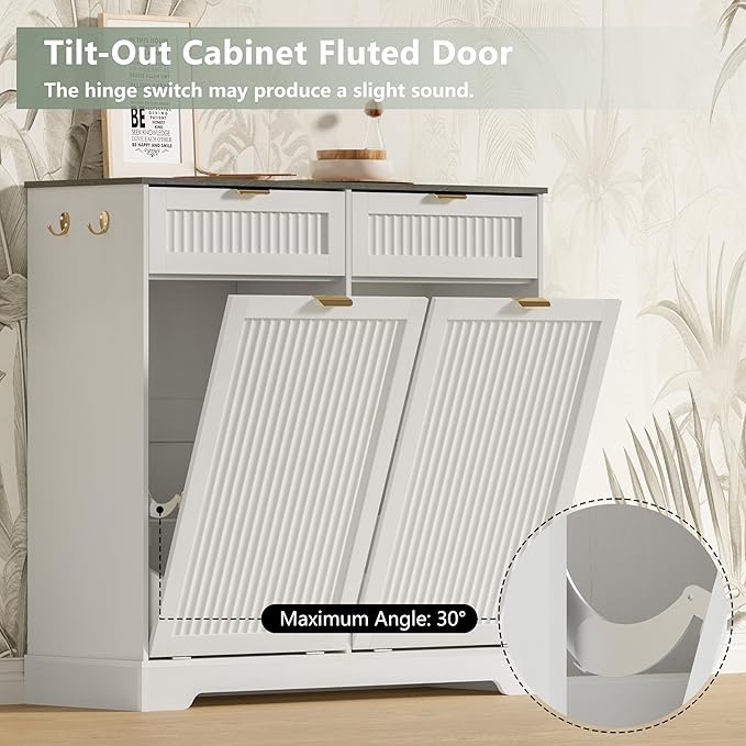 2x13 Gallons Double Tilt Out Trash Can Cabinet, Wooden Fluted Trash Garbage Can Cabinet with 2 Drawers, Hidden Laundry Hamper with Hooks for Kitchen Living Room, White