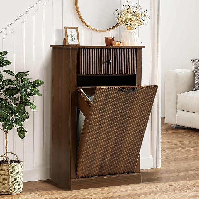 Grepatio Tilt Out Fluted Laundry Hamper Cabinet, 11 Gallon Hidden Laundry Hamper, Wooden Trash Can Cabinets with Drawer, Modern Garbage Can Cabinet for Bathroom, Kitchen, Living Room (Brown, Single)