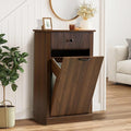 Grepatio Tilt Out Fluted Laundry Hamper Cabinet, 11 Gallon Hidden Laundry Hamper, Wooden Trash Can Cabinets with Drawer, Modern Garbage Can Cabinet for Bathroom, Kitchen, Living Room (Brown, Single)