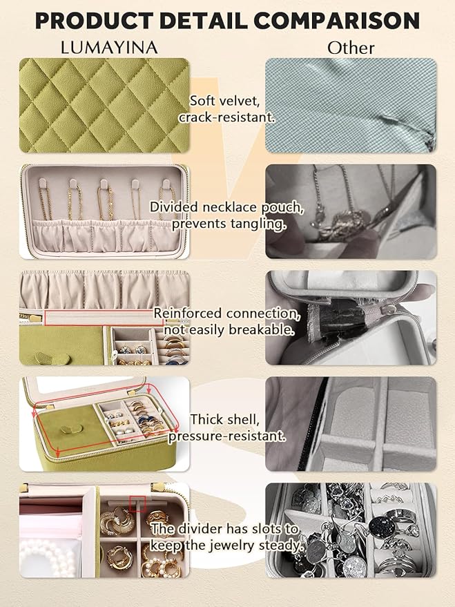 Velvet Travel Jewelry Box with Large Mirror, Double-Layer Jewelry Organizer Case for Women and Girls, Portable Storage Case with 6 Anti-Tarnish Bags Gift Ready for Her (Avocado Green)