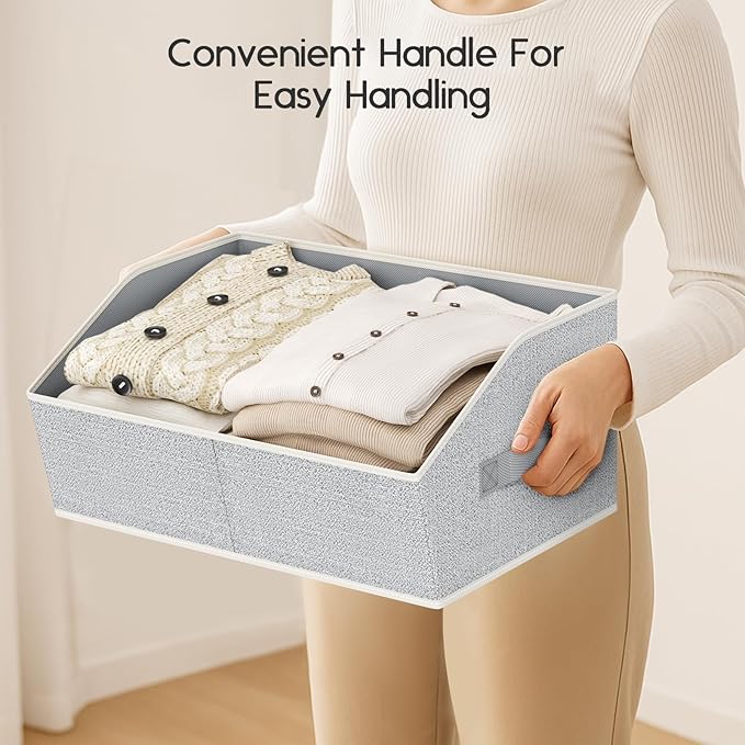 Large Closet Organizers and Storage Bins - 8 Pack Trapezoid Storage Baskets for Shelves, Foldable Fabric Baskets with Handles Ideal for Closet, Basket, Wardrobe and Shelf Storage, Light Grey