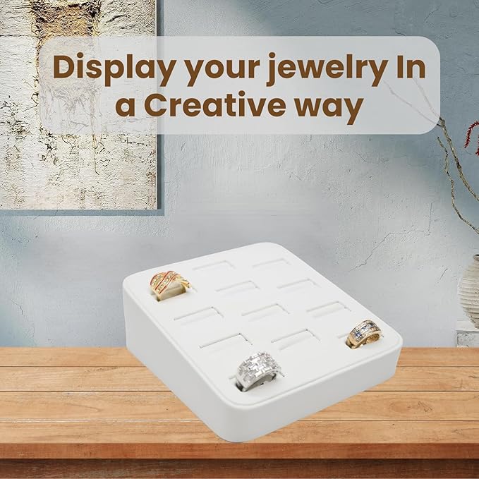 Novel Box 12-Slot White Leatherette Rings/Earrings/Cufflinks Holder Tray 5.75x5x2 Inches - Ring Holder Organizer for Selling or Personal Use - Jewelry Display Trays for Special Occasions