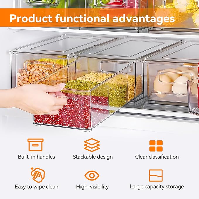 2 Pack Kitchen Storage Drawers Stackable Refrigerator Organizer Bins with Pull-out Drawer, Drawable Clear Fridge Drawer Organizer with Handle, Plastic Kitchen Pantry Storage Containers(2medium)