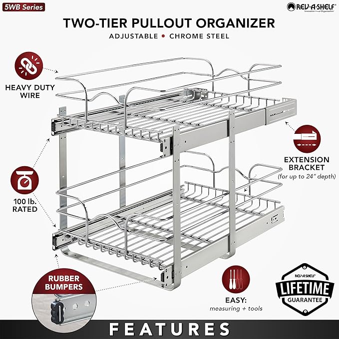 Rev-A-Shelf 2-Tier Kitchen Cabinet Pullout Shelf and Drawer Organizer Slide Out Pantry Storage Basket in Multiple Sizes, 15 x 22 In, 5WB2-1522CR-1