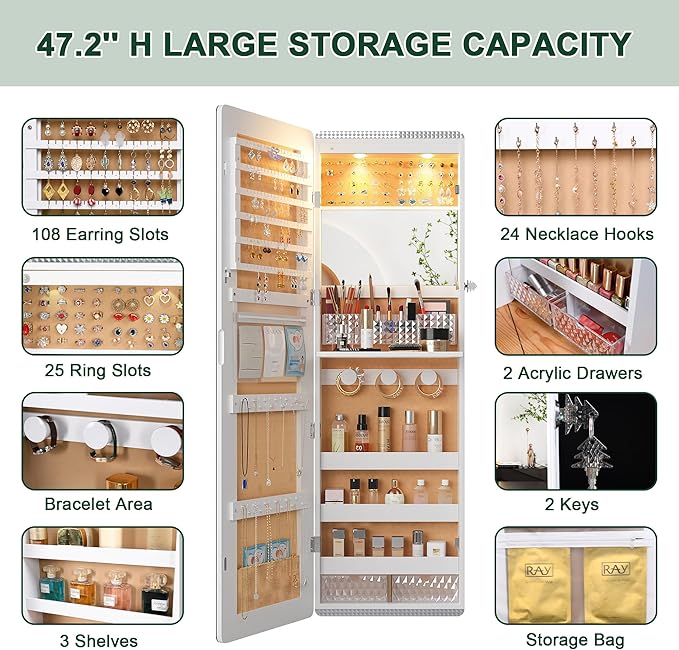 HNEBC LED Mirror Jewelry Cabinet,47.2" Wall Mounted Jewelry Organizer with Full-Length Mirror,Over The Door Hanging Jewelry Armoire Storage Cabinet,Folding Dresser,2 Drawers,Lockable, 3 Shelves(White)