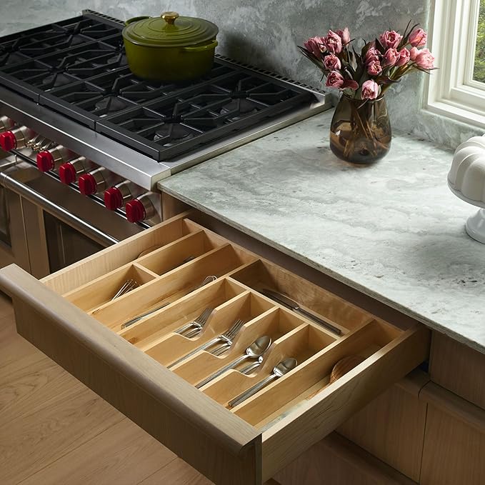Rev-A-Shelf Trim-to-Fit Silverware Drawer Organizer For Kitchen Utensils, Cutlery Cabinet Storage Divider Insert, 33" x 22", Maple Wood, 4WUTCT-36-1