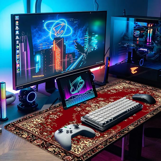 Red Vintage Persian Rug Mouse Pad – Large Extended Desk Mat 31.5 x 11.8 in– Oriental Carpet Design, Non-Slip Rubber Base, Waterproof Surface, Keyboard & Mouse Pad for Office, Gaming, Home