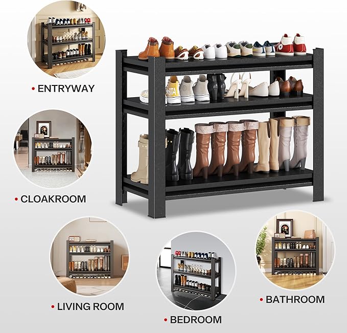 Storage Shelves, Garage Metal Shelving Unit, Adjustable, Double-Layer Column with Reinforced Ribs, Heavy-Duty, Capable of Bearing 600-3600 lbs (Black, 32 * 32 * 14, 3-Tier)