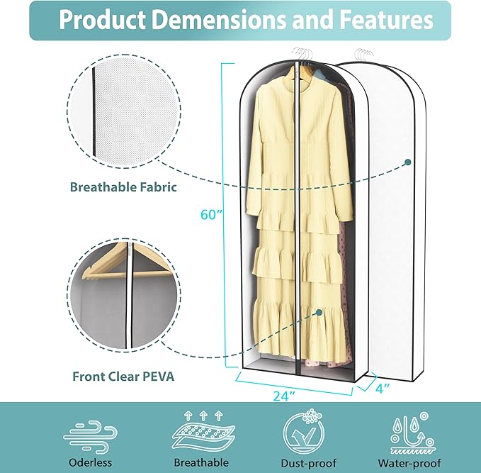 60” Garment Bags for Hanging Clothes 4” Gusseted - with Clear Window, Breathable Fabric, Metal Zipper, Suit Coat Long Dress Protector for Clothes Closet storage, Season Off, Moving, 3 Pack