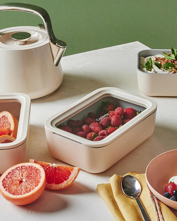 Caraway Glass Food Storage - 6.6 Cup Glass Container - Ceramic Coated Food Container - Non Toxic, Non Stick Lunch Box Container with Lids - Dishwasher, Oven, & Microwave Safe - Navy