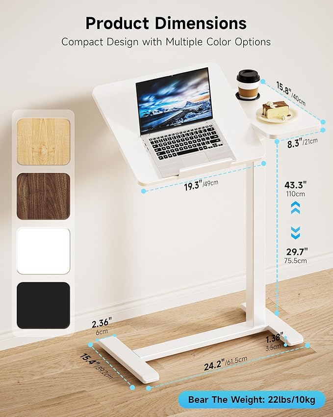 BZIUM Overbed Bedside Table with Hidden Wheels, Adjustable Medical Tilt Top Hospital Bed Table Over The Bed, Rolling Desk Mobile Standing Desk for Hospital&Home Use (White)