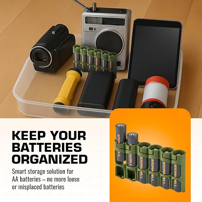 Storacell Slimline AA-6 Battery Storage Caddy and Dispenser, Military Green, Holds 6 AA Batteries (Not Included), Durable & Compact Design, The Original Battery Caddy, Made in The USA