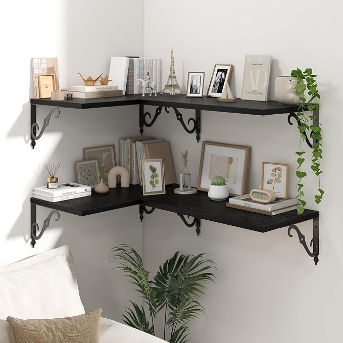 Floating Shelves for Wall, 24"W x 12"D Wall Shelves, 12 Inch Deep Floating Shelf with Bracket, 24 Inch Floating Shelves for Living Room and Bathroom, Display & Storage Shelves, Black, Set of 2