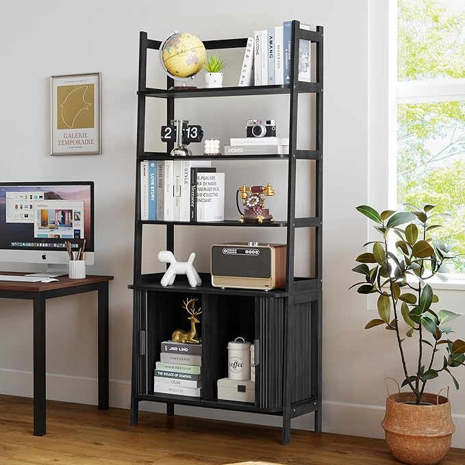 4-Tier Bookshelf, Tall Bookcase with Open Shelf and Sliding Door, 67” Freestanding Storage Organizer Display Cabinet for Living Room, Home Office (Black)