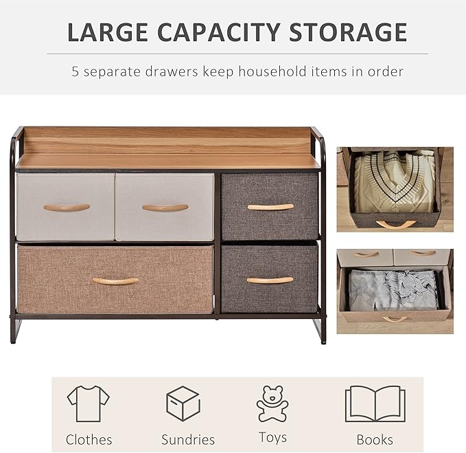 HOMCOM 5-Drawer Dresser, Fabric Chest of Drawers, 2-Tier Storage Organizer for Bedroom Entryway, Tower Unit with Steel Frame Wooden Top, Maple Wood