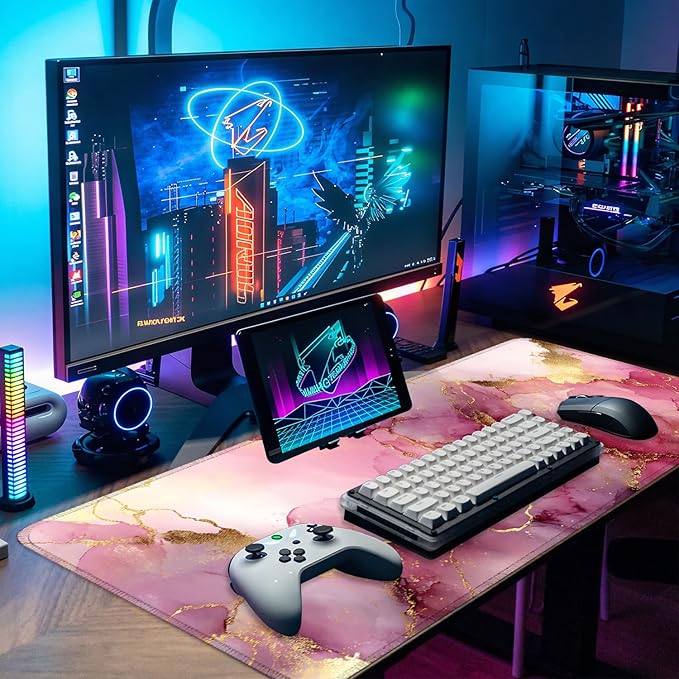 Pink Marble Ink Mouse Pad – Large Extended Desk Mat 31.5 x 11.8 in– Elegant Watercolor Gold Foil Design, Waterproof Surface, Non-Slip Rubber Base, Keyboard & Mouse Pad for Office or Gaming