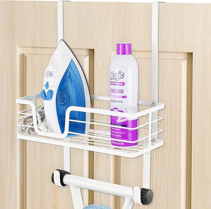 KES Ironing Board Hanger Over The Door, T-Leg Holder, for 1 3/8" Door, Metal Iron Holder White, HIR500A-WH