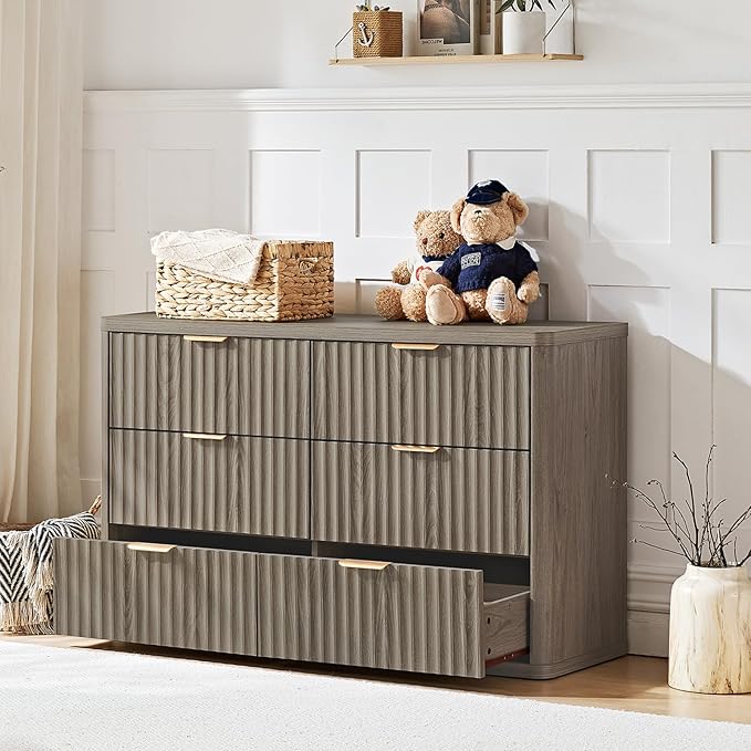 LEYAOYAO Fluted 6 Drawers Dresser, 48" Wide Modern Chest of Drawers with Wood Grain Top, Curved Profile Design, Dresser TV Stand, Wood Drawer Organizer for Bedroom, Living Room, Hallway,Grey
