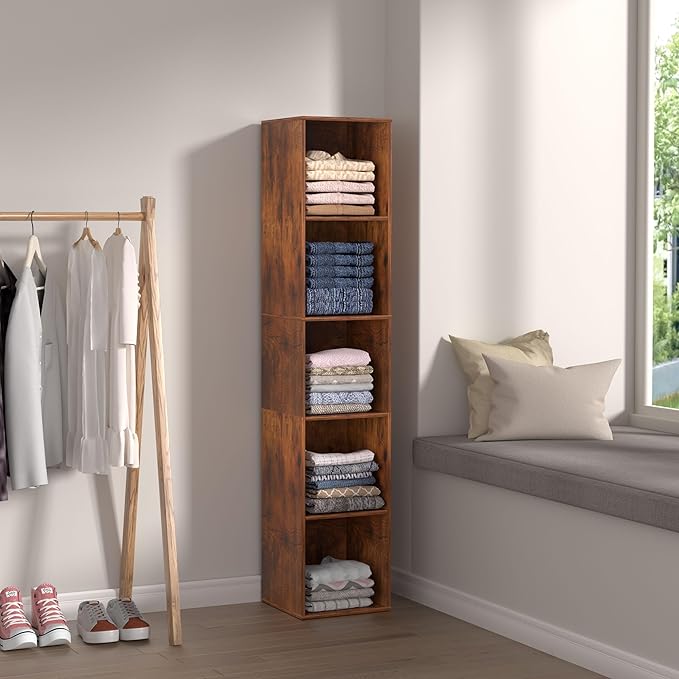 5 Cube Storage Organizer, 5 Tier Vertical Cube Bookcase Freestanding Storage Display Organizer for Home Office, Five Cubes Open Shelf Bookshelf (Retro Brown, 5 Cube)