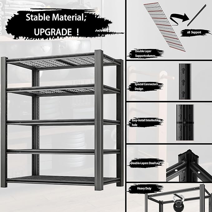 Standing Shelf Units Heavy Duty Storage Rack 3250LBS Industrial Wire Mesh Shelving Double Layer Support Floor Mount Black for Warehouse Basement Garage 72" H x 60" W x 23.5" D 5-Tier