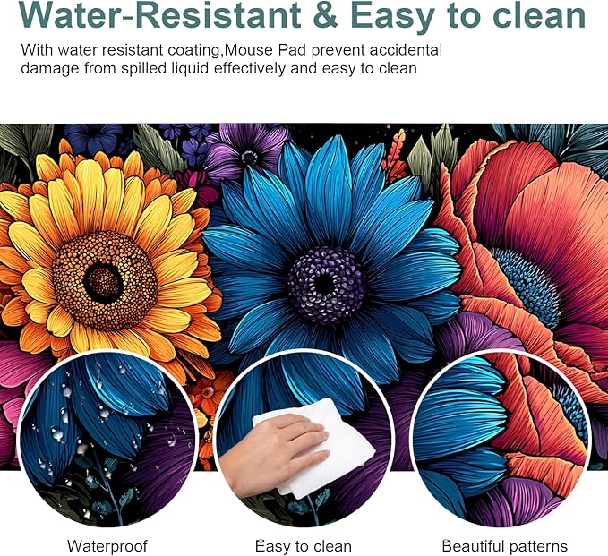 Flower Gaming Mouse Pad 35.4"x15.7"Desk Mat Anti-Slip Rubber Base & Durable Stitched Edges for Gamers Smooth Mouse Writing Surface for Desk Office/Home
