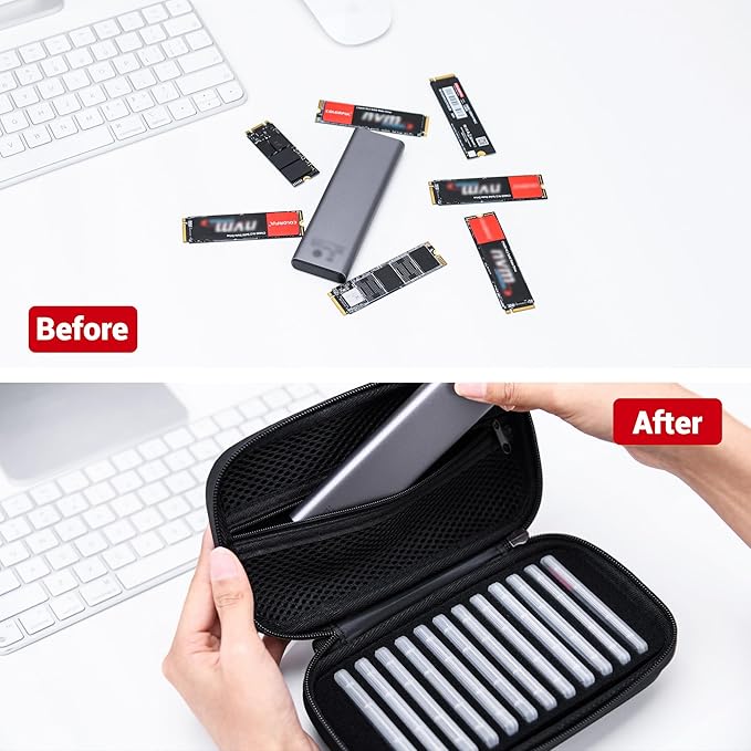 EVA PU M.2 SSD Holder with 12 Clear M.2 NVMe Cases for 2280/2260/2242/2230 SSDs, Water-Resistant & Shockproof with Zipper Pocket & Carry Handle