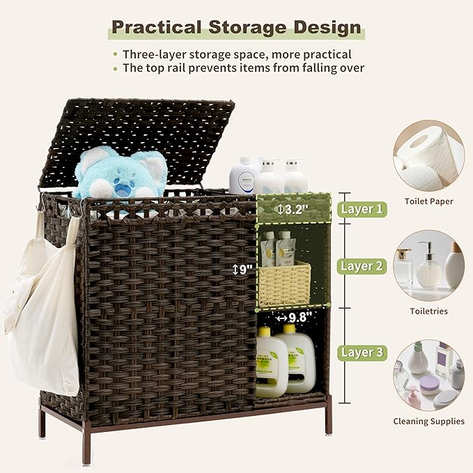 Laundry Hamper with Lid, 110L (29.1 Gal) Rattan Laundry Hamper 2 Section with 50L (13.2 Gal) Storage Shelf, Wicker Woven Laundry Sorter Basket with 3 Liner Bags and Handles, Brown GLH002BR