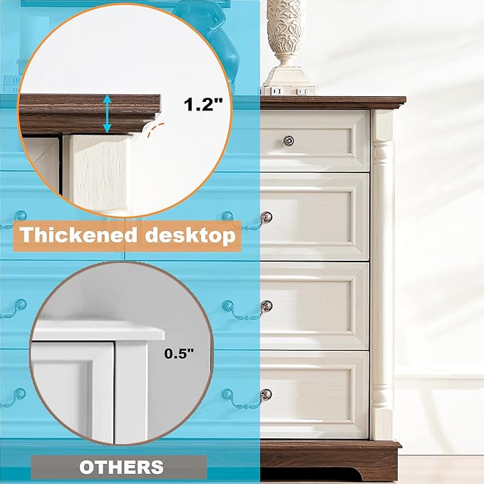 Farmhouse 9 Drawer Dressers for Bedroom, 54" Wood Chest of Drawers, Big Dressers with deep Drawers & Roman Column, Antique White
