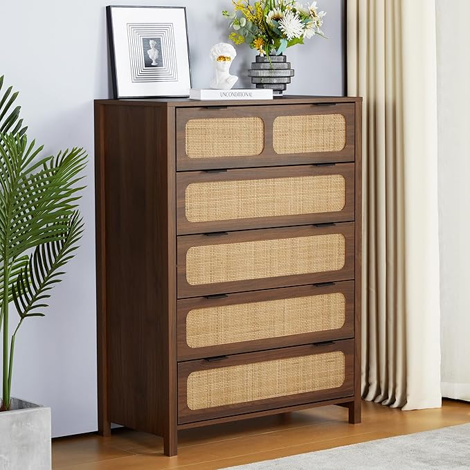 5 Drawer Dresser with Rattan Finish, Modern Farmhouse Chest of Drawers with Metal Handles, Accent Wood Storage Cabinet for Bedroom, Living Room (Walnut)