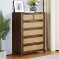5 Drawer Dresser with Rattan Finish, Modern Farmhouse Chest of Drawers with Metal Handles, Accent Wood Storage Cabinet for Bedroom, Living Room (Walnut)
