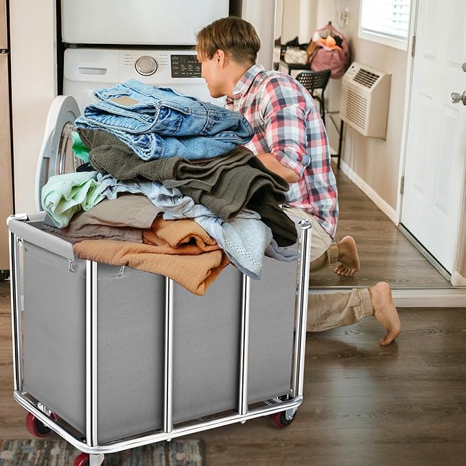 Commercial Laundry Cart on Wheels, 11.35 Bushels Large Laundry Roller, Heavy Duty Stainless Steel, Gray-10