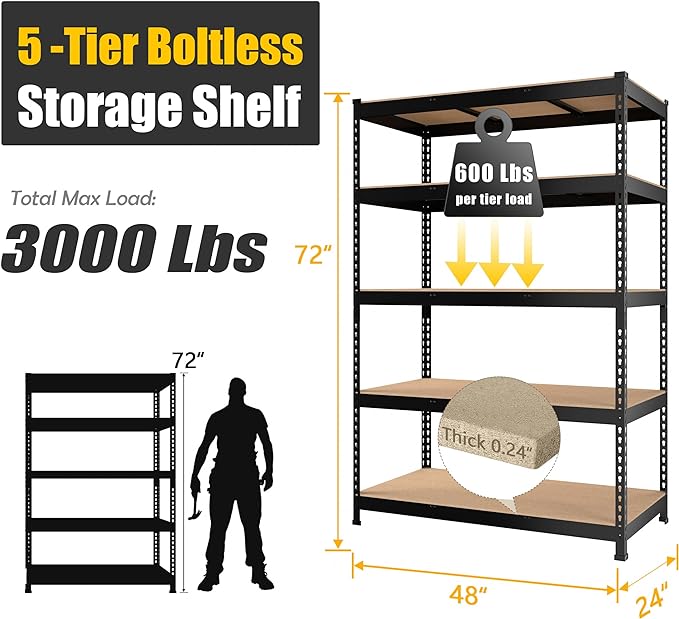 PrimeZone 3 Pack Storage Shelves 48" x 24" x 72", 5 Tier Adjustable Garage Storage Shelving, Heavy Duty Metal Storage Utility Rack Shelf Unit for Warehouse Pantry Closet Kitchen, Black
