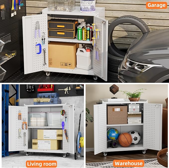 Aobabo 34.3'' H Metal Rolling Storage Cabinet, Locking Steel Storage Cabinet on Wheels with Pegboards and 4 Hooks, for Office, School, Home, Library, White, Assembly Required