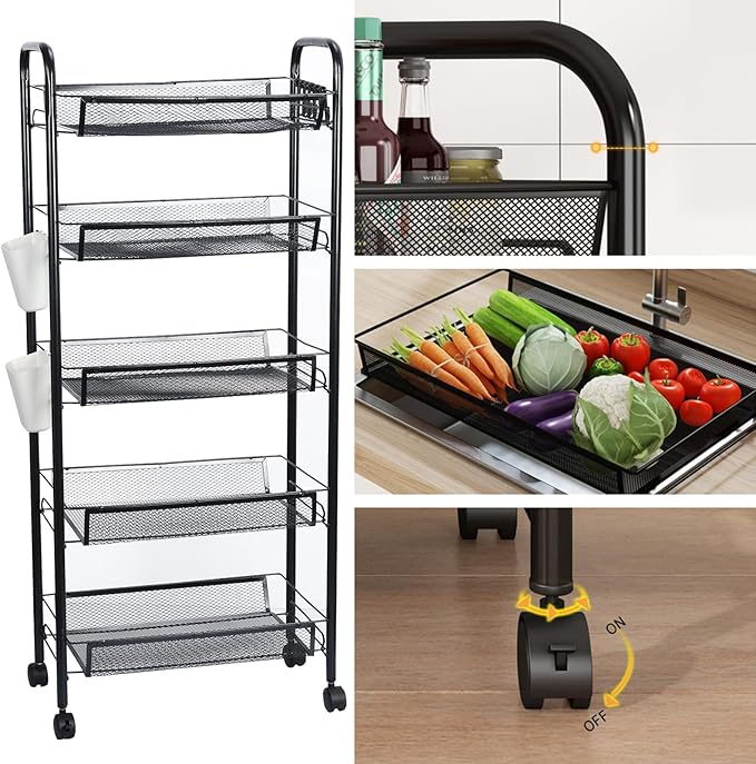 Fruit and Vegetable Basket Bowls for Kitchen, 5 Tier Stackable Metal Mesh Storage Basket with 360 Degree Wheels, Fruit Vegetable Produce Basket Storage Organizer, for Kitchen, Pantry, Bathroom(Black)