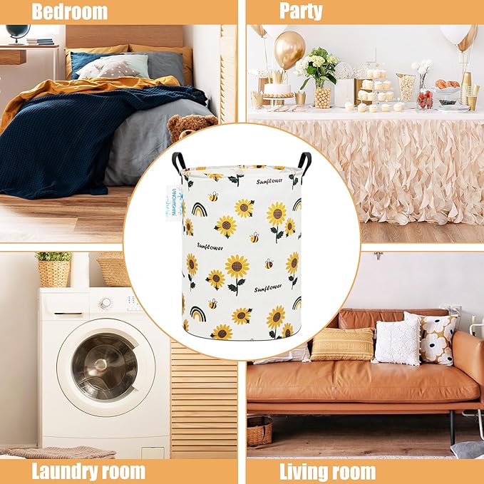 LANGYASHAN Storage Bin, Canvas Fabric Collapsible Organizer Basket for Laundry Hamper,Toy Bins,Gift Baskets, Bedroom, Clothes,Baby Nursery (Sunflower)