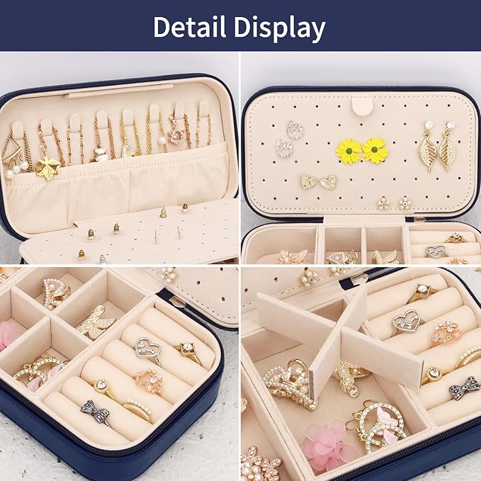DesignSter Travel Jewelry Box, PU Leather Portable Jewelry Case, Small Jewelry Boxes for Gifts, Travel Jewelry Organizer for Women Rings Earrings Necklaces Bracelets (Dark Blue)