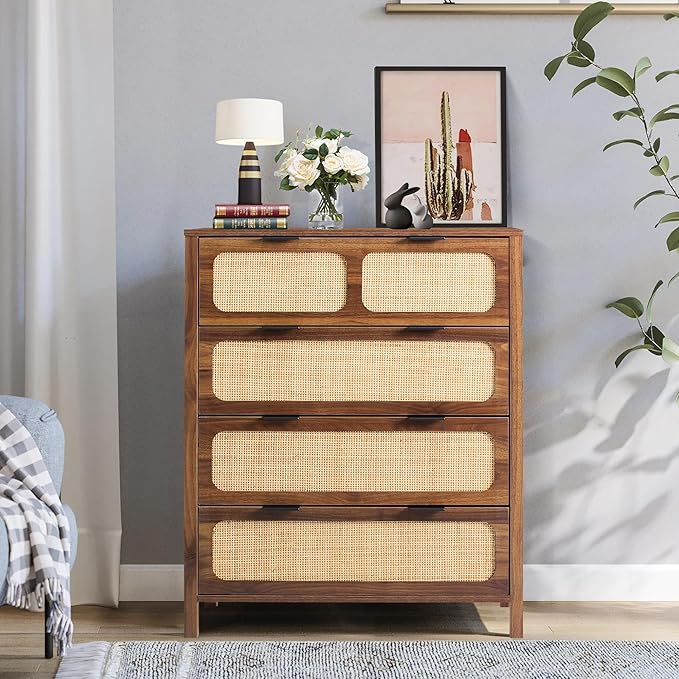 4 Drawer Dresser with Rattan Finish, Modern Farmhouse Chest of Drawers with Metal Handles, Accent Wood Storage Cabinet for Bedroom, Living Room (Walnut-4 Drawers)