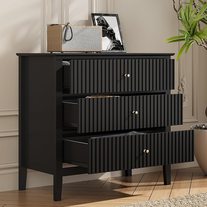 RoyalCraft Black Fluted 3 Drawer Dresser, 32 inch Wide Dresser Nightstand for Bedroom, Modern Wood Chest of Drawers, Large Painted Nightstand with 3 Drawers for Closet, Hallway, Entryway