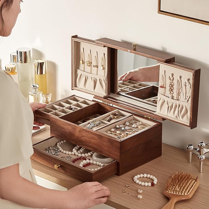 CHOSIN Black Walnut Wooden Jewelry Box for Women, 3 Level Multi-functional Drawer Organizer Box Watch Necklace Ring Earring Storage