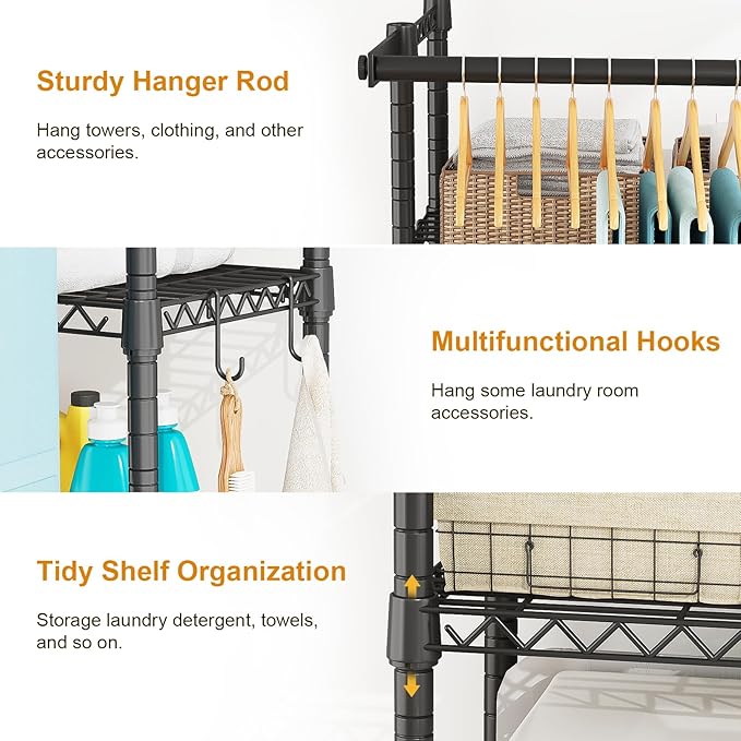 U14 Medium Over the Washer and Dryer Shelves, 4 Tiers Laundry Room Storage and Organizer System, Space Saving Clothes Drying Rack with 2 Clothes Hanger Rods, 57.8"W x 20.5"D x 77.4"H, Black