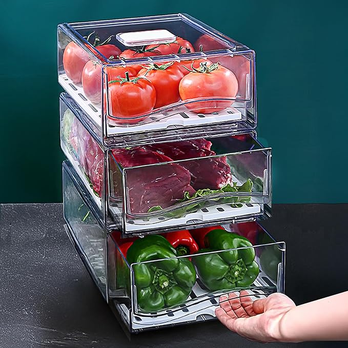 2 Pack Large Capacity Fruit Storage Containers for Fridge with Drain Board, Stackable Refrigerator Organizers Drawer,Reusable Food Storage Containers for Drinks, Meat,Vegetable,Produce,Fruit