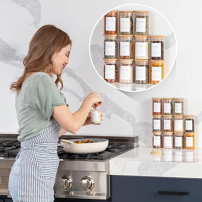 Empty Spice Jars with Label Pack (12x Bamboo Lid Glass Jar). Small 6oz Spice Storage Bottles with 112 Printed Stickers and 48 Writable Pantry Labels for Seasoning Containers