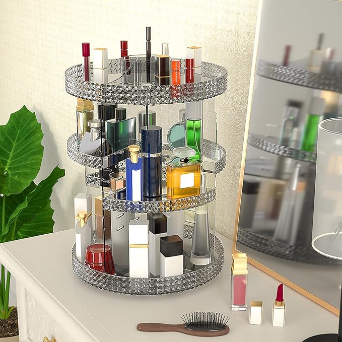 360 Degree Rotating Makeup Organizer, Extra Large Capacity Cosmetic Storage Unit, Removable DIY 7 Layers Skincare Organizer, Acrylic Beauty Perfume Organizer for Vanity Countertop (Gray)