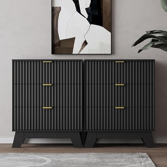 Black Night Stand with 3 Drawers, Bedside Table & End Table, 24" Wide Mid Century Modern Fluted Wood Nightstand with Metal Handles, Farmhouse Night Stands for Bedroom